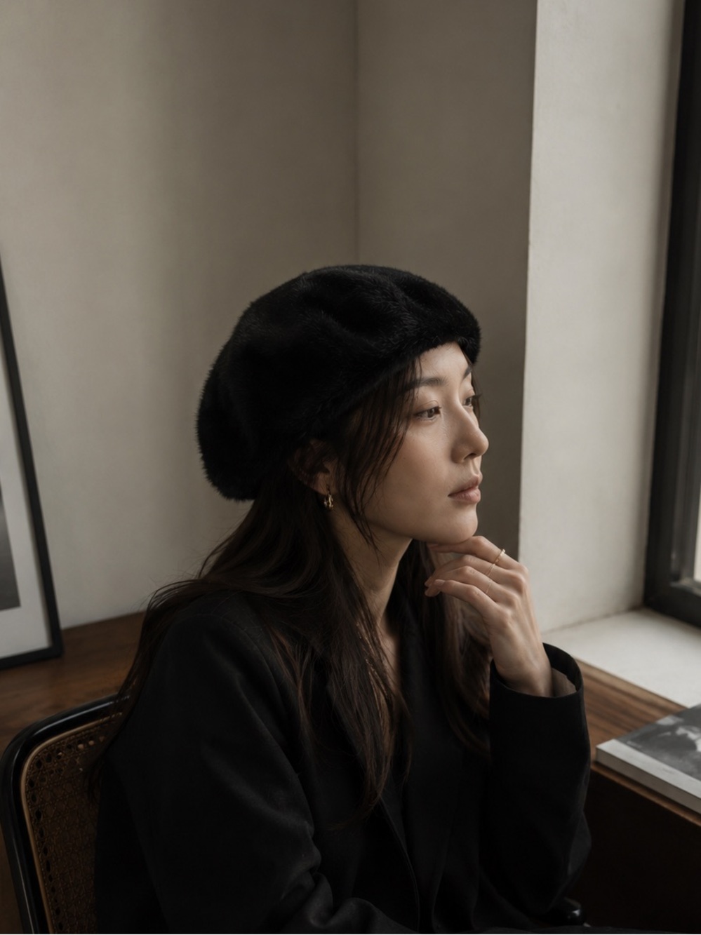 Stand Studio Black Faux Fur Beret